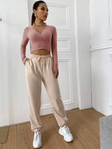 Muchica Surplice Neck Rib-knit Crop Tee - Dusty Pink - View 4