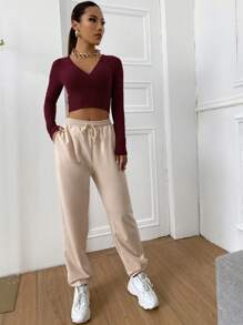 SHEIN EZwear Camiseta corta tejida de canalé de cuello cruzado