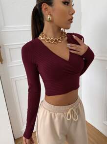 SHEIN EZwear Camiseta corta tejida de canalé de cuello cruzado