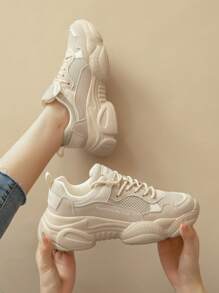 字母圖案前綁帶老爹鞋 - 卡其色 - 查看 1