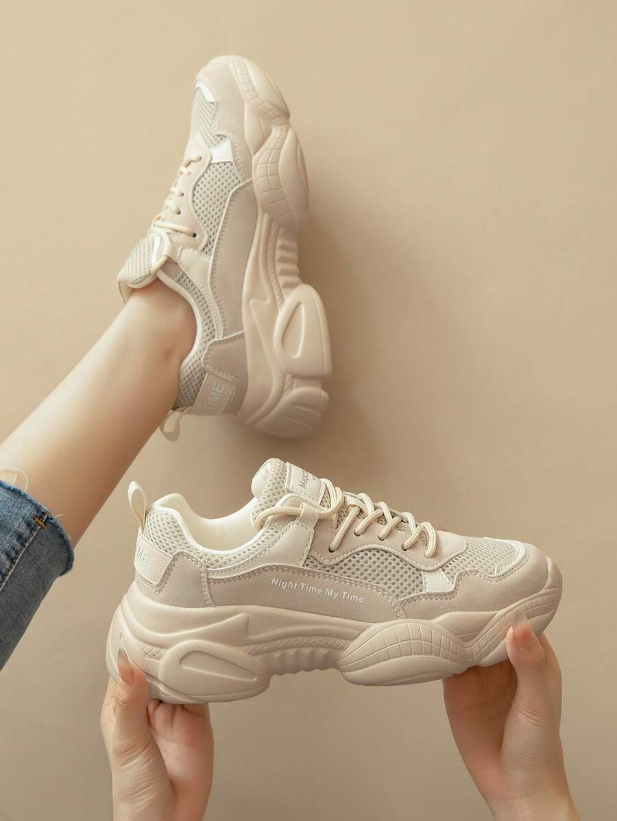 字母圖案前綁帶老爹鞋 - 卡其色 - 查看 1