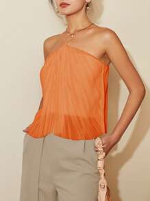 女式休闲纯色露背无袖上衣，春夏 - 橘色 - 查看 1