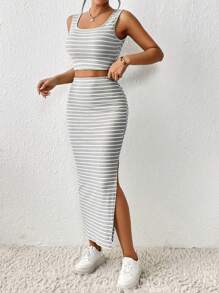Chiquease Striped Print Crop Tank Top & Split Thigh Skirt - Light Grey - View 4