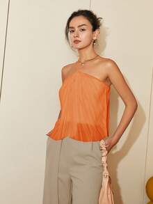 女式休闲纯色露背无袖上衣，春夏 - 橘色 - 查看 4