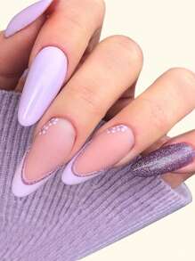 24 piezas Uña postiza con patrón de flor & 1 hoja de cinta para uñas y 1 lima de uñas - Morado - Ver 1