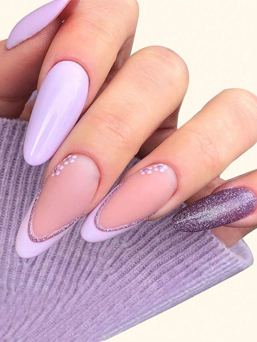 24 piezas Uña postiza con patrón de flor & 1 hoja de cinta para uñas y 1 lima de uñas - Morado - Ver 1