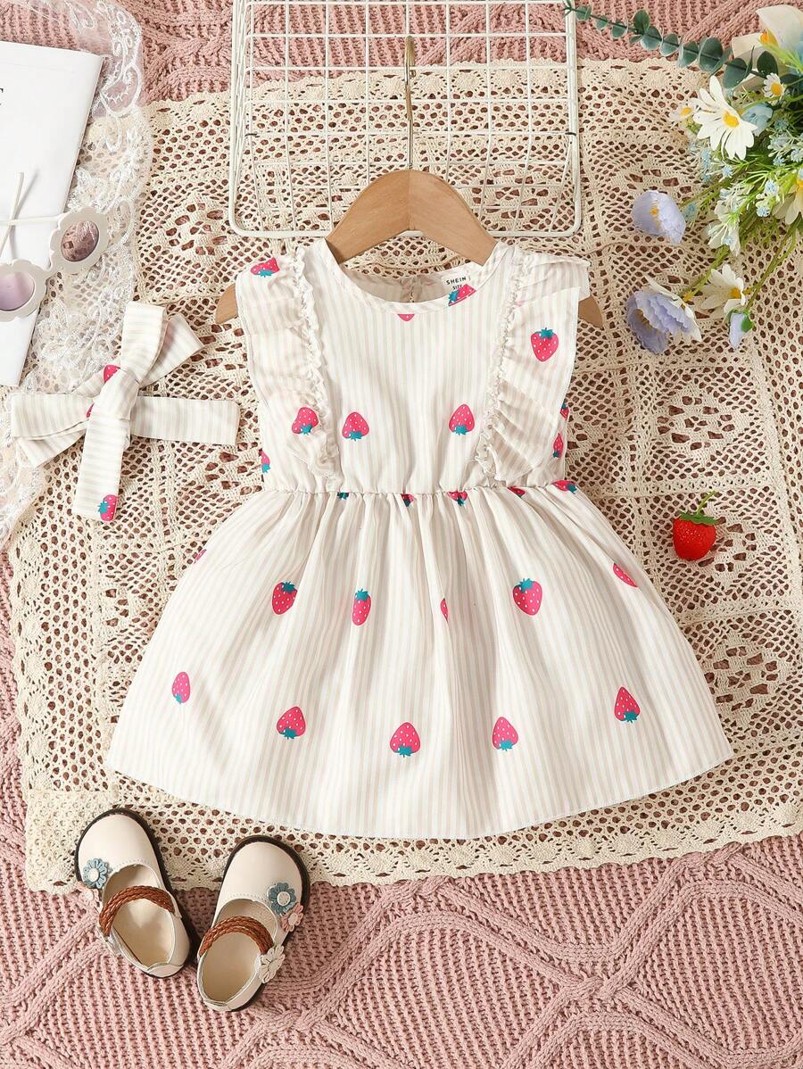 嬰兒草莓圖案荷葉邊洋裝 - 杏色 - 查看 1