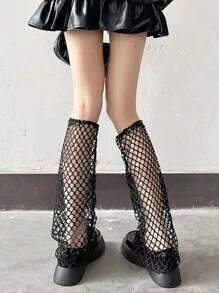 ROMWE Grunge Punk 1pair Women Solid Fishnet Leg Warmers - màu đen - Xem 2