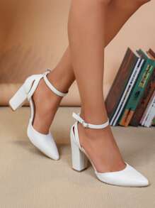 Women Minimalist Point Toe Chunky Heeled Pumps, Elegant White Ankle Strap Pumps - White - View 4