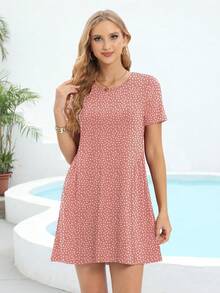 夏季鞦韆寬鬆T恤洋裝帶口袋可愛波點印花飄逸洋裝粉色 - 藕粉色 - 查看 4