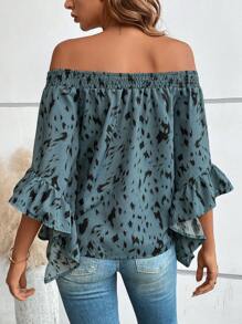 SHEIN LUNE Allover Print Off Shoulder Flounce Sleeve Blouse - Dusty Blue - View 2