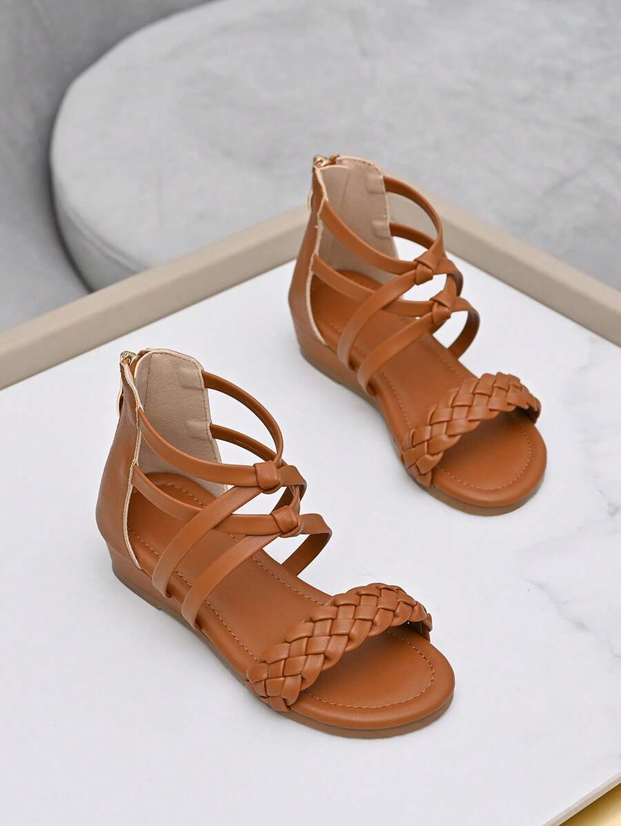 Girls Knot Decor Braided Detail Wedges Back Zipper Sandals - Brown - View 1