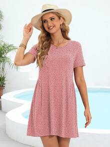 夏季鞦韆寬鬆T恤洋裝帶口袋可愛波點印花飄逸洋裝粉色 - 藕粉色 - 查看 5