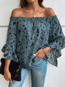 SHEIN LUNE Allover Print Off Shoulder Flounce Sleeve Blouse - Dusty Blue - View 3