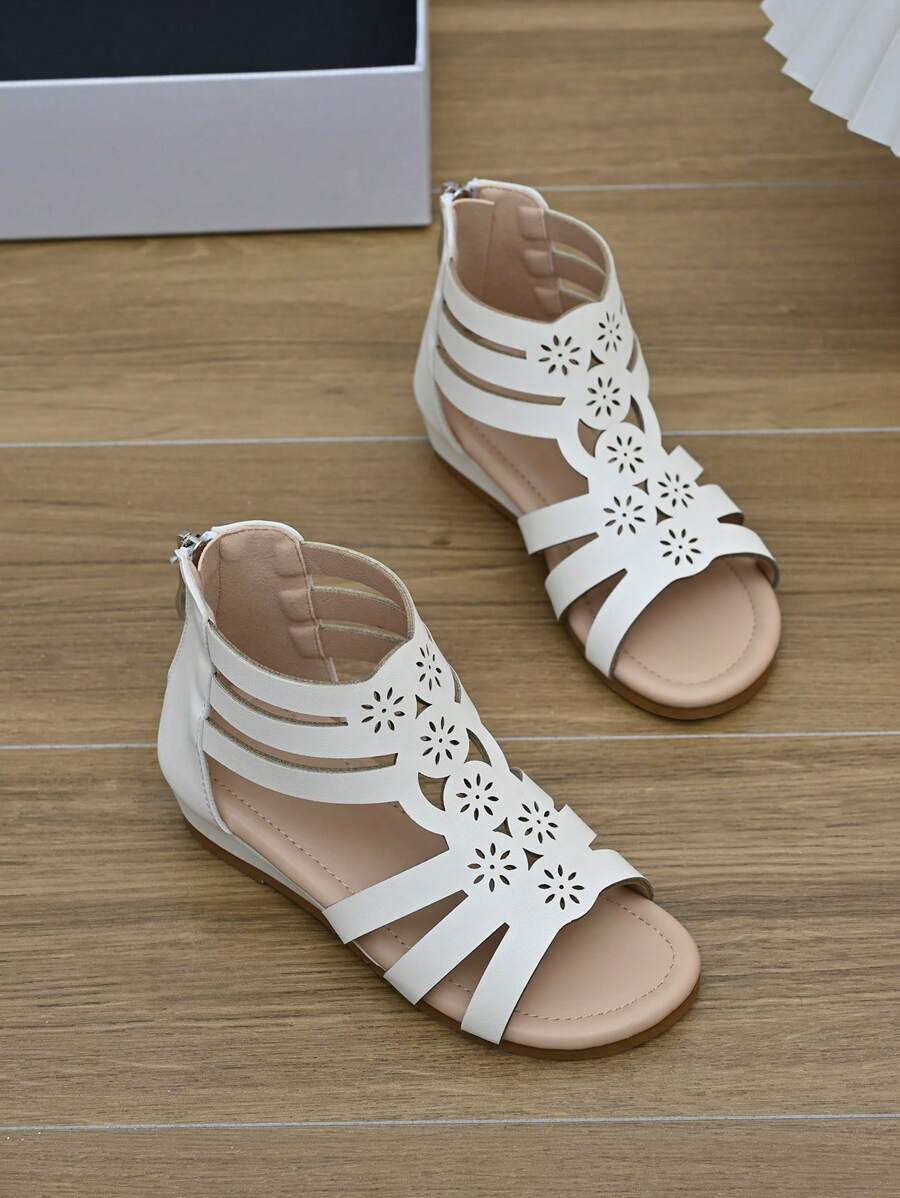 Cô gái rỗng ra mở ngón chân sau dây kéo phẳng cho mùa hè - Màu be - Xem 1