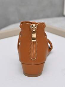 Girls Knot Decor Braided Detail Wedges Back Zipper Sandals - Brown - View 4