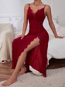 蕾丝细节 M 形开叉大腿睡裙睡裙长裙