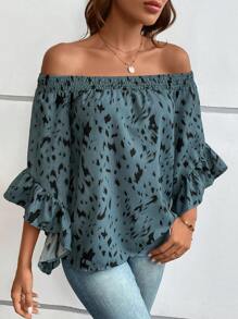 SHEIN LUNE Allover Print Off Shoulder Flounce Sleeve Blouse - Dusty Blue - View 6