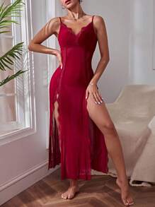 蕾丝细节 M 形开叉大腿睡裙睡裙长裙