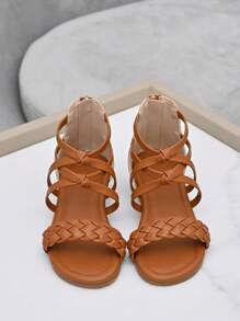 Girls Knot Decor Braided Detail Wedges Back Zipper Sandals - Brown - View 7