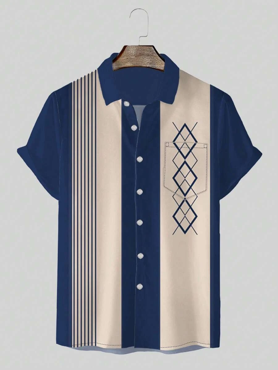 Manfinity Homme Men Plus Loose Fit Striped & Geometric Print Shirt - Navy Blue - View 1