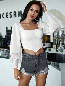 Eilly Bazar Zip Back Lantern Sleeve Crop Top - White - View 5