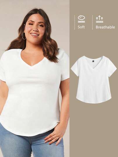 SHEIN BASICS Plus Enfärgat V Hals T-Skjortor