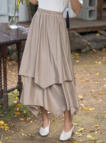 DAZY Solid Asymmetrical Hem Skirt - Khaki - View 1