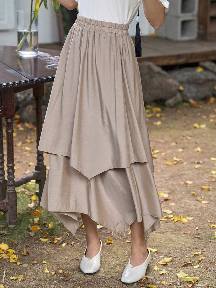 Solid Asymmetrical Hem Skirt