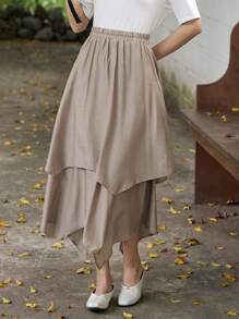 DAZY Solid Asymmetrical Hem Skirt - Khaki - View 4