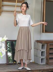 DAZY Solid Asymmetrical Hem Skirt - Khaki - View 7