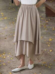 DAZY Solid Asymmetrical Hem Skirt - Khaki - View 8