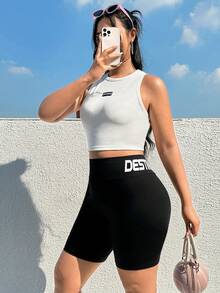 SHEIN EZwear Hơn Đồ họa Chữ cái Quần short đi xe - màu đen - Xem 5