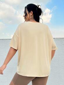 SHEIN EZwear Plus Cactus & Letter Graphic Drop Shoulder Tee For Summer - Beige - View 5
