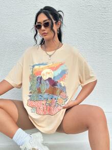 SHEIN EZwear Plus Cactus & Letter Graphic Drop Shoulder Tee For Summer - Beige - View 2
