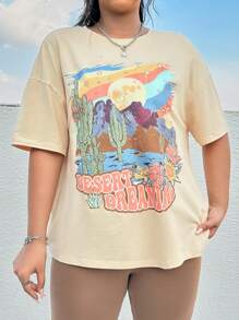 SHEIN EZwear Plus Cactus & Letter Graphic Drop Shoulder Tee For Summer - Beige - View 4