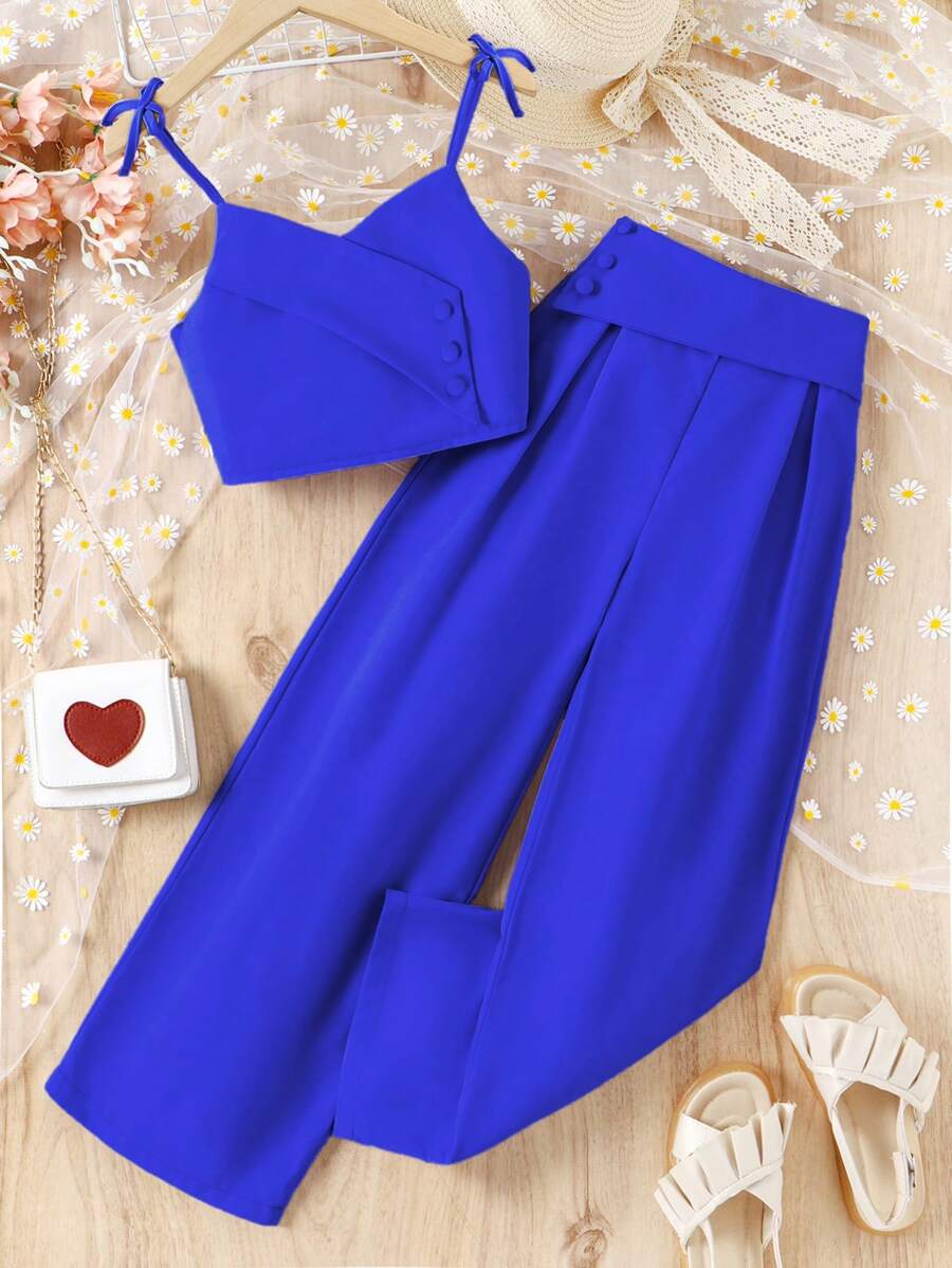 Tween Girl Solid Cami Top & Wide Leg Trousers - Royal Blue - View 1