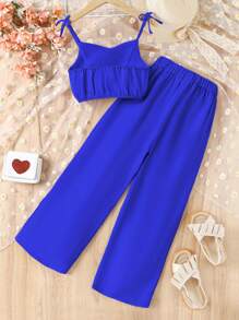 Tween Girl Solid Cami Top & Wide Leg Trousers - Royal Blue - View 2