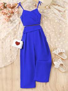 Tween Girl Solid Cami Top & Wide Leg Trousers - Royal Blue - View 7