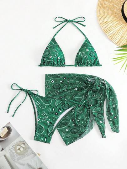 佩斯利印花掛脖三角杯比基尼泳裝附沙灘裙