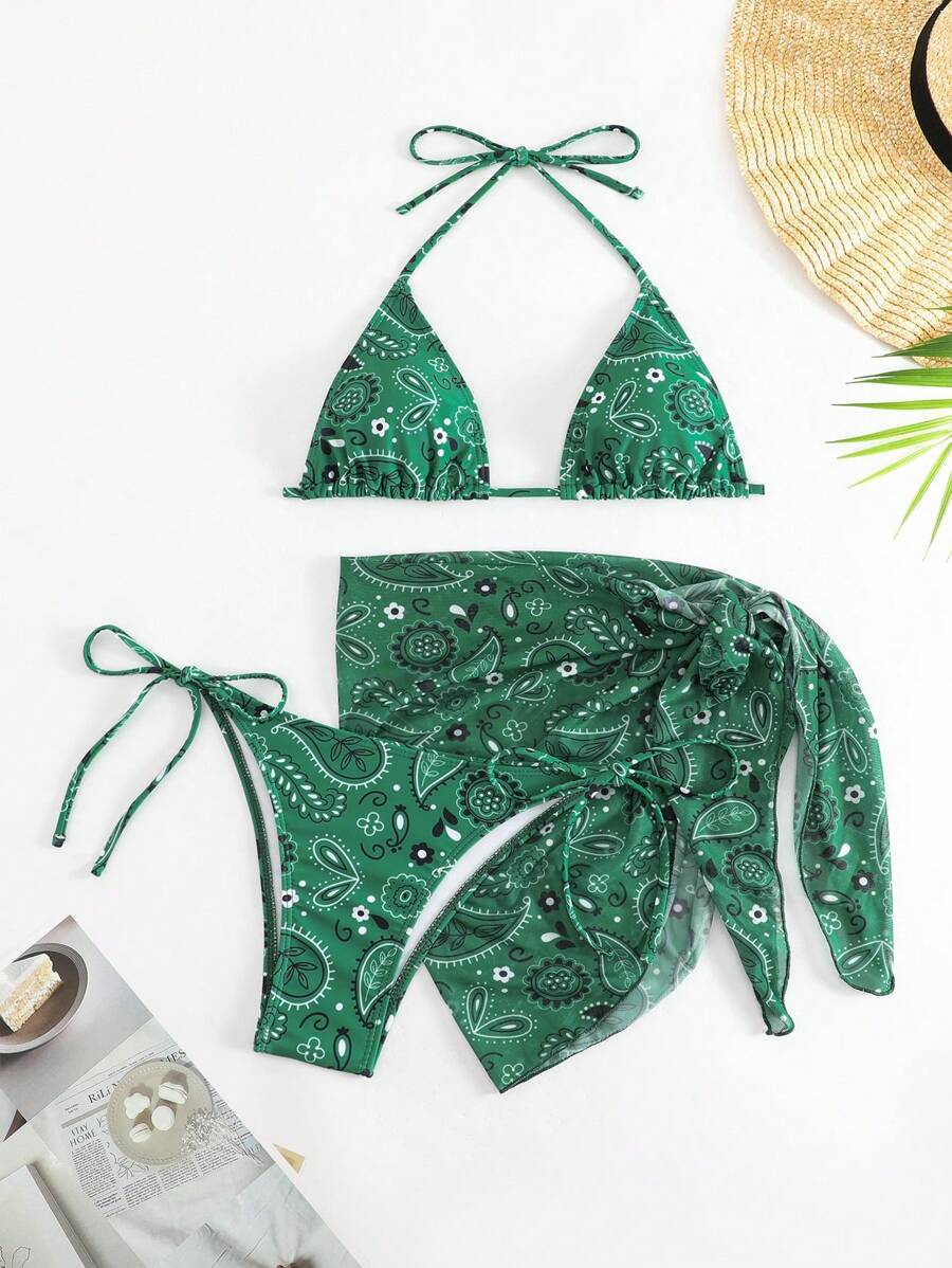 佩斯利印花掛脖三角杯比基尼泳裝附沙灘裙