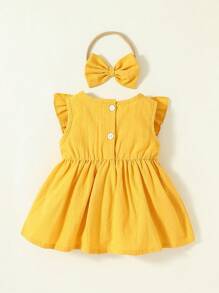 SHEIN Newborn Baby Girl Floral Embroidery Ruffle Trim Bow Front Dress - Yellow - View 2