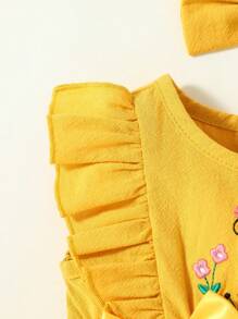 SHEIN Newborn Baby Girl Floral Embroidery Ruffle Trim Bow Front Dress - Yellow - View 4