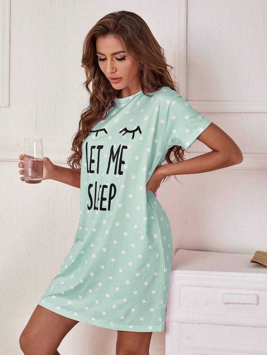 Dream Adore Slogan & Polka Dot Print Pajama Nightdress, Moo Moo Night Dress - Green - View 1