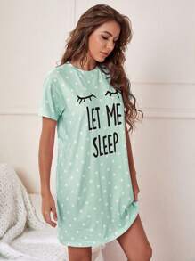 Dream Adore Slogan & Polka Dot Print Pajama Nightdress, Moo Moo Night Dress - Green - View 3