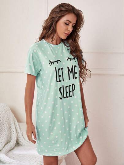 Slogan Polka Dot Print Pajama Nightdress view 3