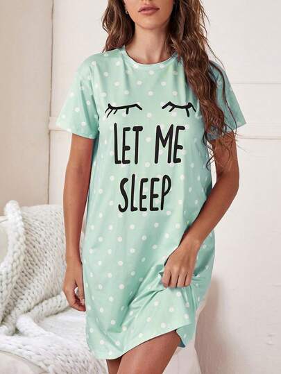 Slogan Polka Dot Print Pajama Nightdress view 4