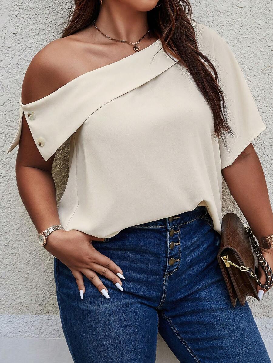 SHEIN Clasi Plus Einfarbige Bluse mit asymmetrischem Ausschnitt und Fledermausärmeln und einer Schulter - Beige - Übersicht 1