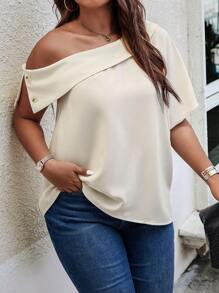 SHEIN Clasi Plus Einfarbige Bluse mit asymmetrischem Ausschnitt und Fledermausärmeln und einer Schulter - Beige - Übersicht 5
