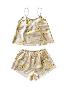 花卉印花缎面吊带背心和短裤睡衣套装/睡衣套装 - 香檳色 - 查看 6